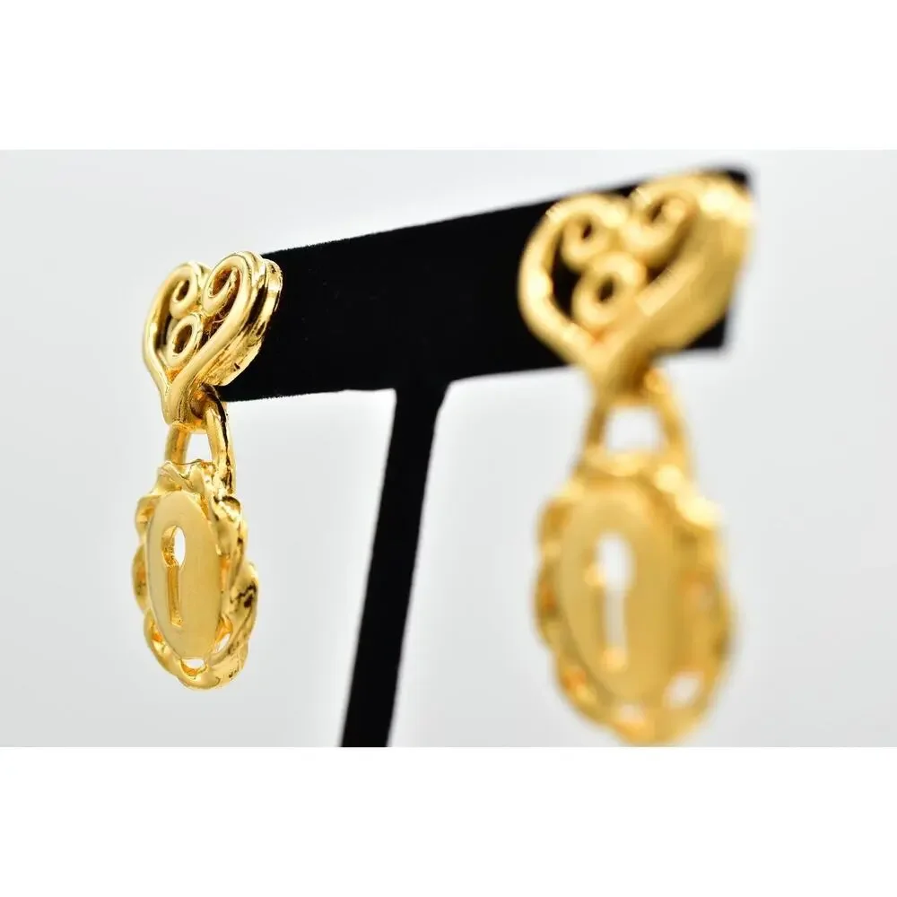 Givenchy Vintage Heart Lock Earrings Gold Tone Dangle Chunky Signed 1980s BinBK
